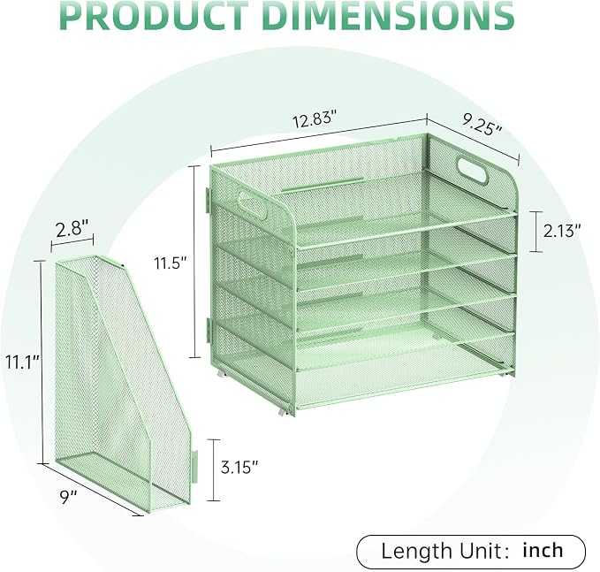 5-Tier Desk Organizer with File Holder, Paper Organizer, Mint Green | 5 Letter Trays and Vertical File Holder with Metal Mesh Frame for Papers Folders Books and Mail in Office Home or School
