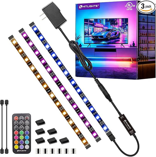 HitLights LED Strip Lights 3 Pre-Cut 12Inch/36Inch LED Light Strip Flexible Color Changing 5050 LED Accent Kit with RF Remote, Power Supply, and Connectors for TV, Home, DIY Decoration
