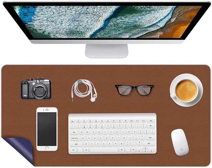 Writing Desk Pad Laptop Mat PU Leather Desk Blotter Pad Waterproof Durable Desk Mat Dual-Sided Writing Mat 16 X 24 Inch Anti-Slip Table Pad Protector for Office & Home (Espresso Brown/Midnight Blue)