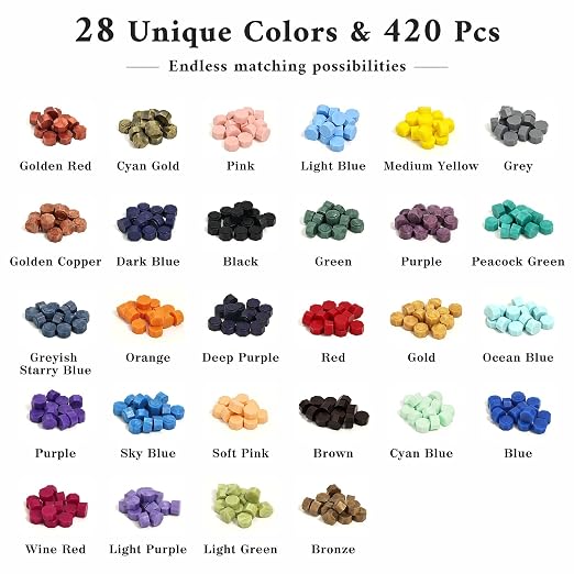 TRINIDa Wax Seal Kit - 420 Pcs in 28 Colors, Eco-Friendly Fast Melting Sealing Wax, Smokeless & Bubble-Free Wax Seal Beads with Melting Spoon & 10 Tea Lights for Wedding Invitations & Envelopes