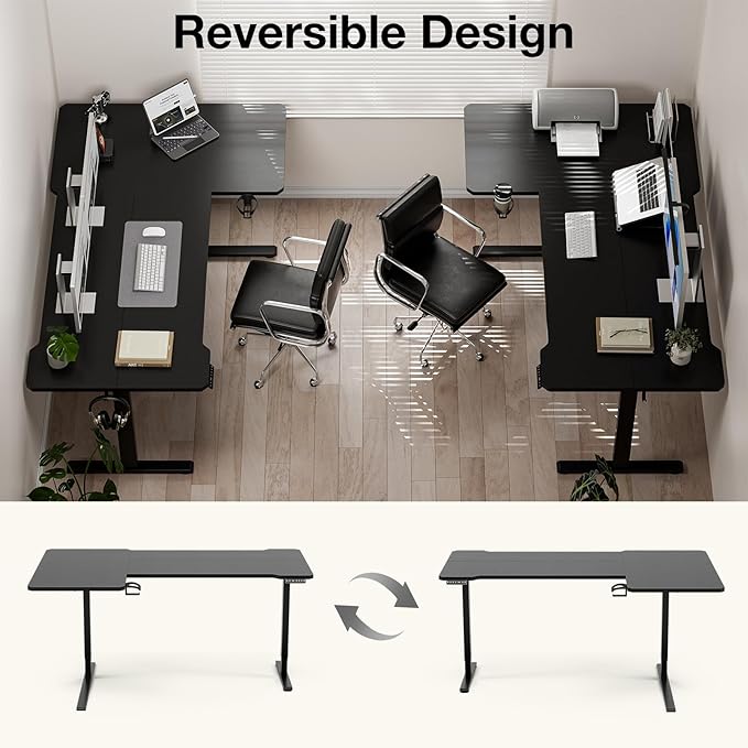 Acrolix L Shaped Electric Standing Desk - 71x43.5 Inch Reversible Corner Sit Stand Desk with Hook&Cup Holder,Electric Height Adjustable Table,for Home Office Gaming&Trading Computer Desk, Black