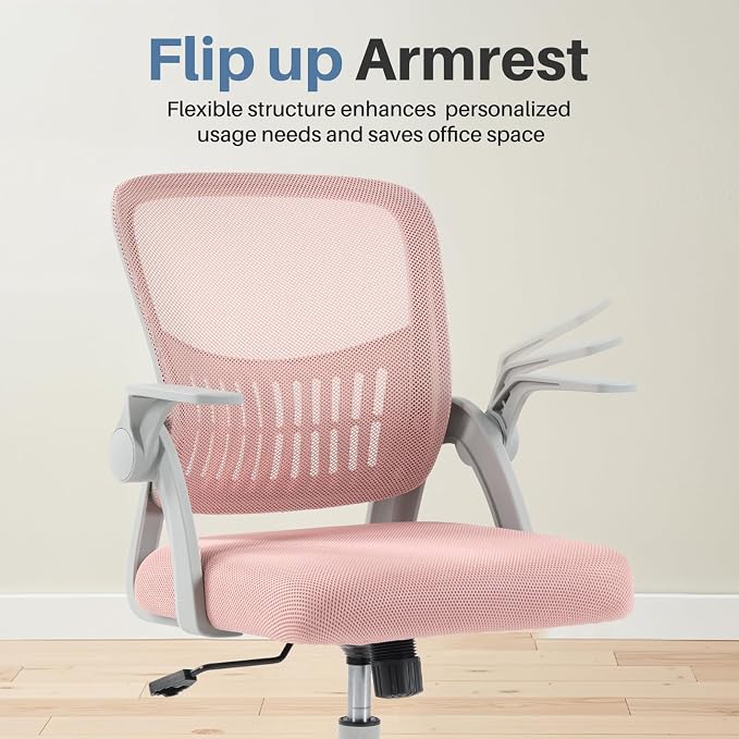 Sweetcrispy Home Office Managerial Executive Chair, Flip Up Armrest Ergonomic Mesh Adjustable Swivel Mid-Back Computer Desk Chair with Comfortable Lumbar Support, Comfy Arms for Bedroom,Study