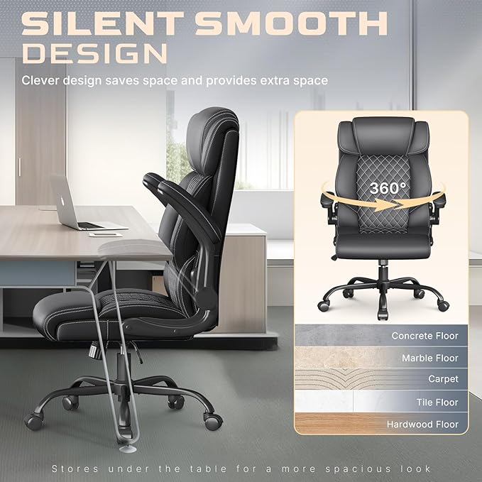 Office Chair-Executive High Back Breathable Comfy Desk Chair with Flip-up Armrests Lumbar Support-Ergonomic Leather Rolling Swivel Chair with Rock Function for Working,2 Pack