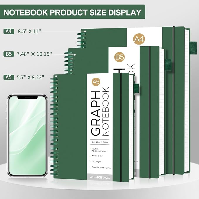 AHGXG Graph Paper Notebook - Spiral Notebook 8.5" x 11", A4 Large Graph Notebook, 100 gsm Thick Grid Paper, Waterproof Plastic Cover Journals for School Writing Engineering Math, Green