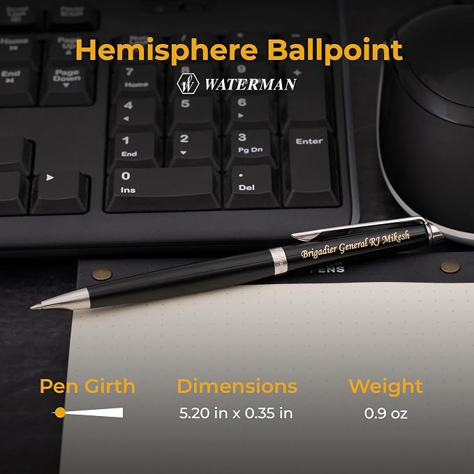 Waterman Hemisphere Ballpoint Pen, Glossy Black Lacquer with Chrome Trim, Personalized Laser Engraving, Mysterious Blue Ink, Waterman Gift Box, Graduation and Retirement Gift