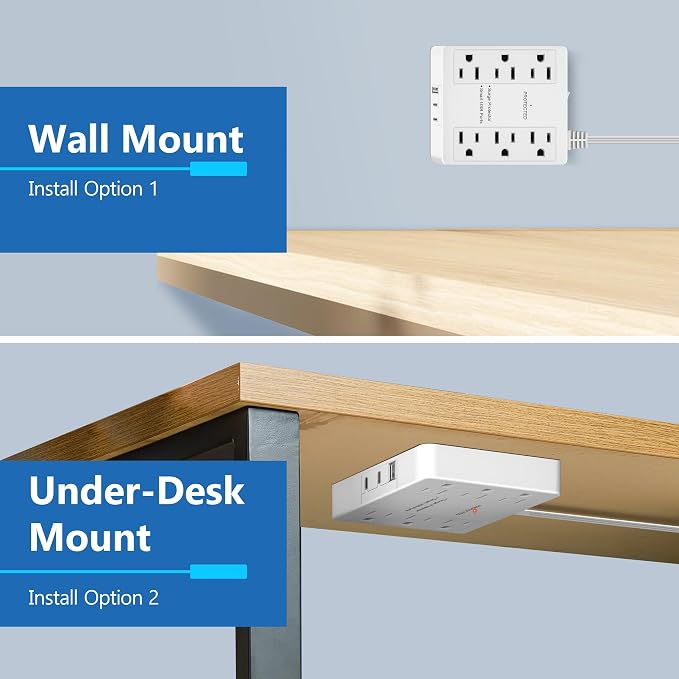 LIDER Outlet Extender with 6 Receptacles, USB-A & 2 USB-C, Angled Ultra-Thin Flat-Plug, 6-Outlet Power Strip, Surge Protector 1500 Joules, 5ft Cord, 1250W, ETL Listed, Matte White, 2-Pack