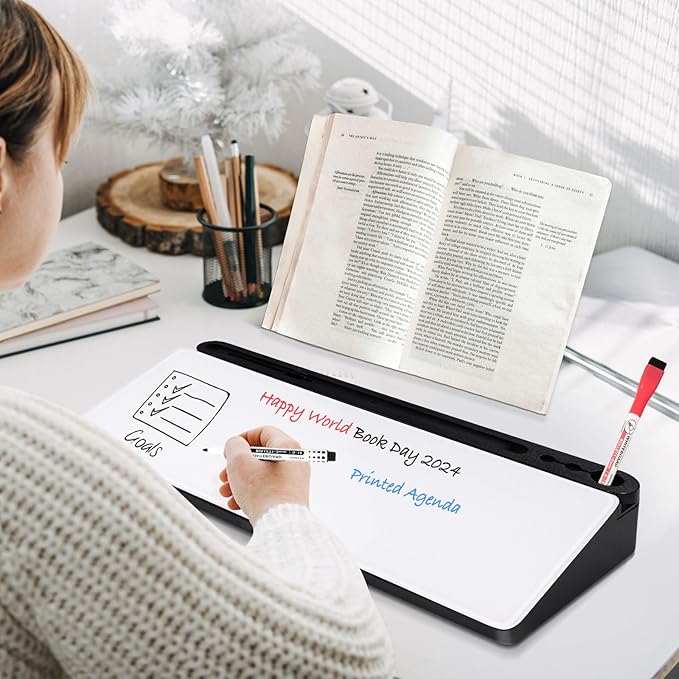 DOLLAR BOSS Glass Desk Whiteboard Small Dry Erase Board Desktop White Board with Storage Drawer Computer Keyboard Stand Desk Organizer School Supplies Office Accessories with 4 Markers 1 Eraser, White