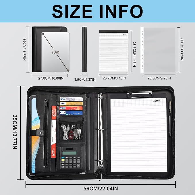 Eshow Portfolio Organizer - 3 Ring Binder with Zipper, Vegan Leather Business Padfolio Folder with Notepad Includes 10 Clear Sheet Protectors for Documents Files for Men Women