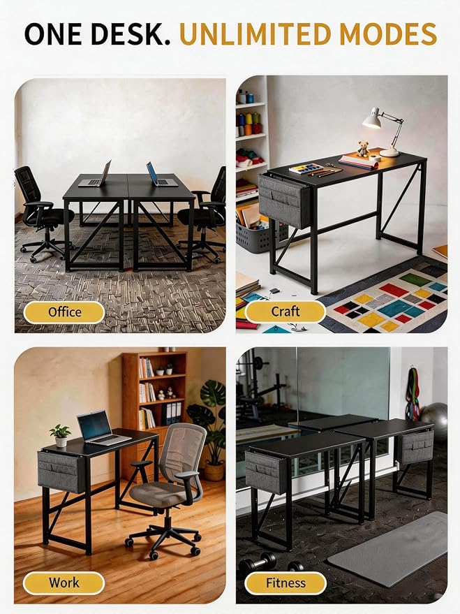 Modern Foldable Writing Computer Desk with Storage Bag, No-Assembly Study Office Desk Foldable Table for Small Spaces, Home Office (Black, 39.4 inch)