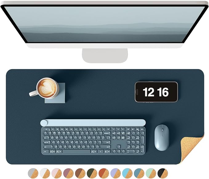YSAGi Double-Sided Desk Pad, 23.6"x13.7"Leather Desk Mat, Eco Cork Desk Pad Protector,Large Mouse Pad,Waterproof Desk Blotter for Office/Home(Dark Blue)