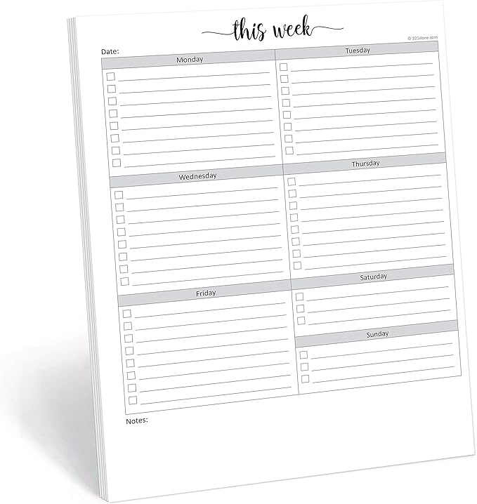 321Done Weekly Checklist Notepad, 8.5x11 Large Letter-Size Desk Pad - 50 Tear-Off Sheets, Undated Monday-Sunday Schedule, Daily Task Planner for Home, Office & Student Use - Made in USA