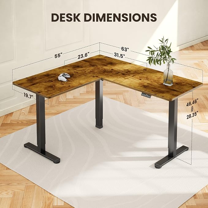 ErGear 63″ L Shaped Standing Desk Electric Adjustable Height, Vintage Brown | Left & Right Interchangeable Installation, 4 Memory Presets, One-Touch Control, Stable Steel Frame, 220 lbs Capacity