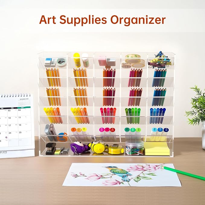 BEYGORM Acrylic Vertical Marker Organizer for 310 Markers with 26 Compartments, Clear Angled Pen & Pencil Holder, Large Desk Stationery & Art Supply Storage for Office & School (14.9 x 12.4 x 4 Inch)