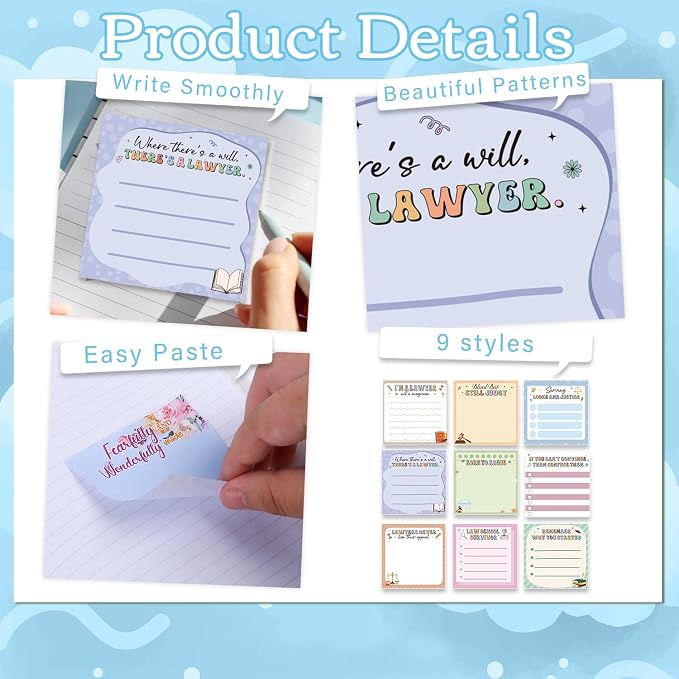 Lawyer Sticky Notes Gifts, 9 Pack Attorney Notepads 3x3 Inches Lawyer Gifts for Women Men, Law Themed Self-Stick Memo Pads, Legal School Office Supplies (450 Sheets)