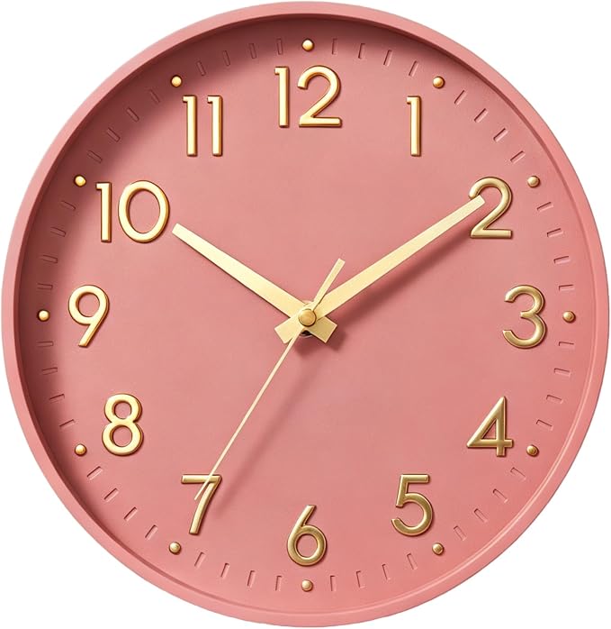 Mosewa Small 8 Inch Wall Clock Battery Operated Silent Non Ticking Analog | Pink Gold modern clock; oversized 3D easy-read dial for kitchen, bedroom & office; 1 AA battery (not included)