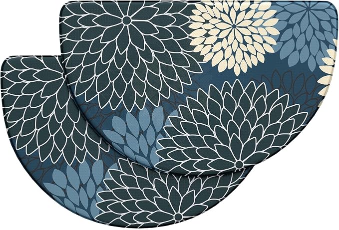 KIMODE Half Circle Kitchen Mats for Floor Cushioned Anti Fatigue Semi Round | Half Round,Dahlia Boho,Blue,Kitchen Rug Set of 2,Non Slip ,Waterproof Sink Floor Mat Carpet Decor for Laundry Bathroom