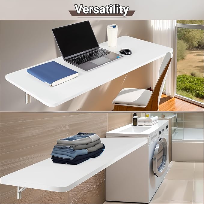 Neoaider Wall Mounted Folding Table 47.2”L x 19.7”W, Laundry Folding Table with Heavy Duty Metal Collapsible Shelf Brackets, Wall Mounted Desk Fold Down for Small Spaces, White