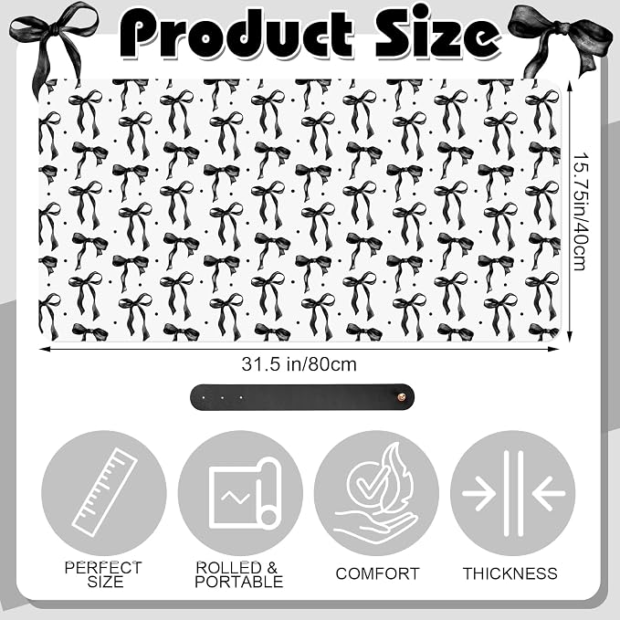 Teenyyou Coquette Bow Makeup Mat for Vanity Top Protector Back to School Gift 31.5" X15.7" Dual Side Leather Desk Mouse Pad Girly Waterproof Nonstick Dressing Vanity Cover for Women Home Office