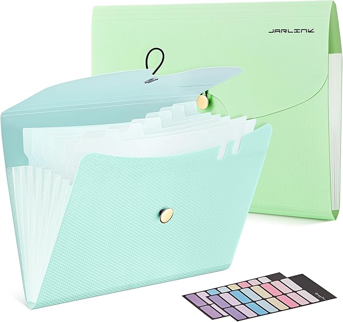 JARLINK 7 Pockets Expanding File Folder, A4 Accordion File Folders with 12 Labels, Cute Paper Organizer, Portable Document Organizer for College School Office Supplies, Macaron Blue & Macaron Green