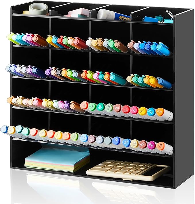 MotiMind Acrylic Pen Organizer Storage for 250 Markers Vertical Marker Organizer Acrylic Pen Display Holder for Office Desk Desktop Stationery Pencil Storage, Black, 13 x 4 x 12.4 Inch