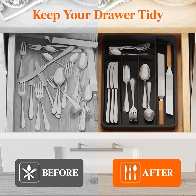 Lifewit Silverware Drawer Organizer Tray, Plastic Cutlery Storage for Kitchen, Flatware and Utensil Holder Divider for Spoons Forks Knives Tableware, 9.5 x 13.4", 5 Slots, Black
