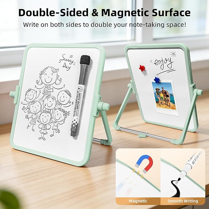 Magnetic Dry Erase Whiteboard, 6.7x8.4 Inch Double-Sided Desktop Easel with Stand, 2 Eraser Head Markers & 4 Magnets, Portable White Board for Planning, Memo, Office, Home, School（Green）