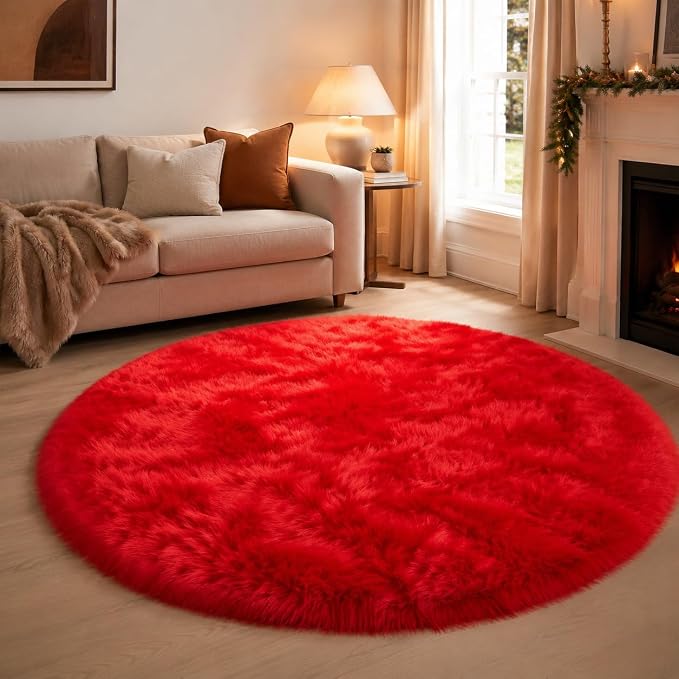 EasyJoy Ultra Soft Faux Fur Rug Fluffy Sheepskin Rug for Bedroom Living Room Sofa Bedside Floor(4 x 4 ft Round, Red)