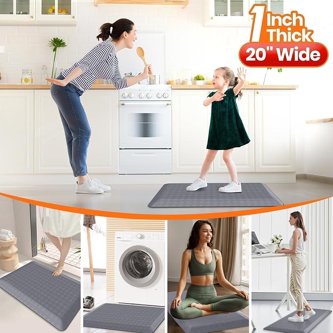 StepRite 1” Thick Kitchen Mats for Floor, Anti Fatigue Kitchen Rugs, Non-Slip,Heavy Duty Water Resistant Kitchen Rug, Standing Desk Mat for Friends, Family, Home, Kitchen, Office (32" x 20", Grey)