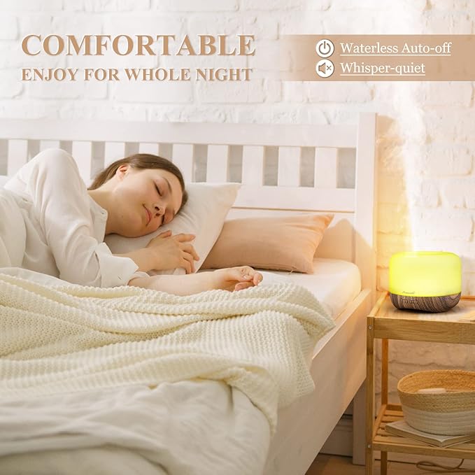 Aromatherapy Essential Oil Diffuser for Room: 500ml Colorful Aroma Air Humidifier with Adjustable Cool Mist Mode, Waterless Auto Off Ultrasonic Diffusers for Large Room Home Office(Brown)