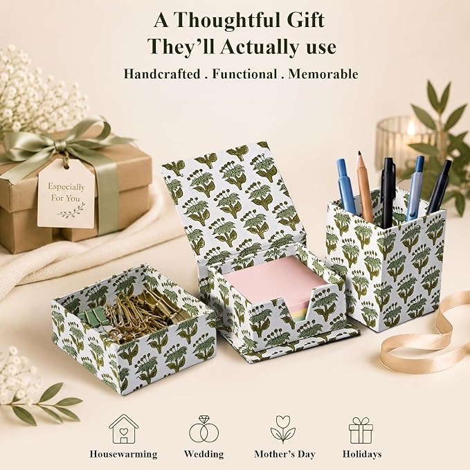 CPC Emerald Green Block Print Set of 3 Desk Organizer Pen And Sticky Note Holder Cute, Aesthetic, Decor accessories, workspace organizers, Caddy Storage, Gift for Office, Professionals, Student