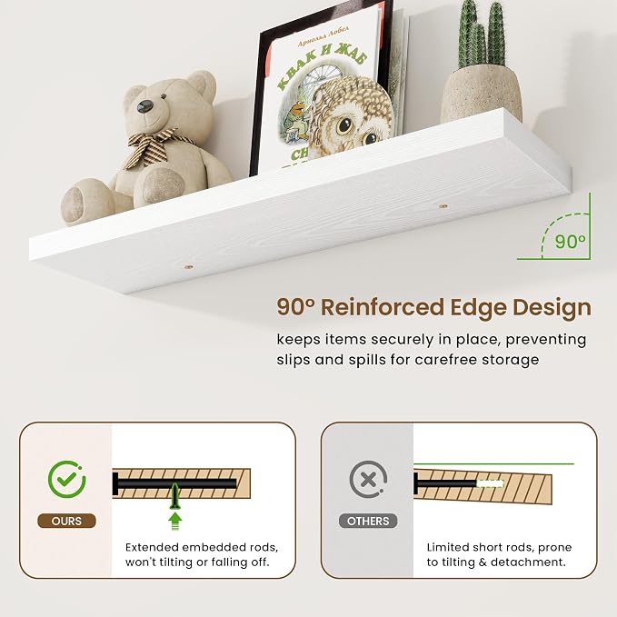 36in Floating Shelves for Wall, 36"W x 9.25"D x 1.25"H, 2 Pack Long Wall Mounted Engineered Wood Shelves with Invisible Brackets for Living Room, Bedroom, Bathroom, Kitchen Decor and Storage, White