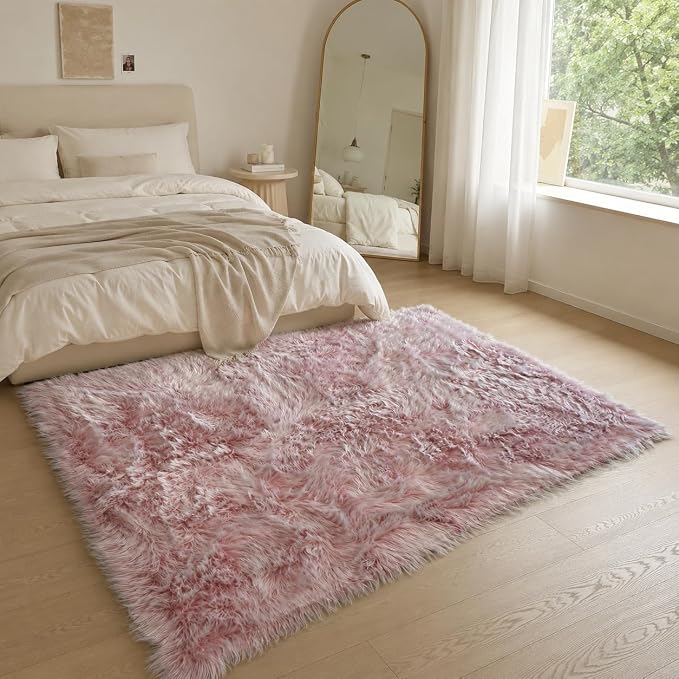 EasyJoy Faux Sheepskin Rug, Fluffy Faux Fur Rug, Ultra Soft Shag Area Rug with Non-Slip Backing for Bedroom, Living Room, Nursery, Kids Room(4 x 6 ft Rectangle, Frosted Bottom Pink)