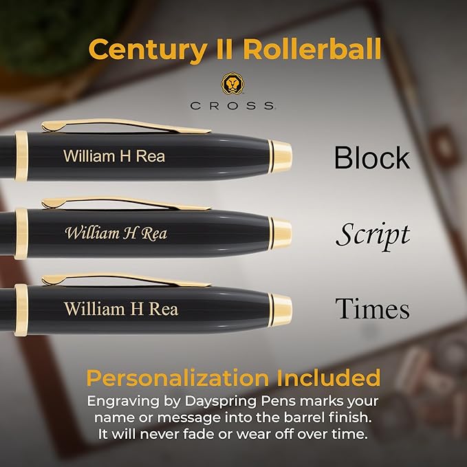 Cross Century II Engraved Capped Rollerball Pen, Black Lacquer with 23K Gold Trim, Gel Ink, Personalized Gift for Executives, Retirement, Board Members, Career Advancement, Cross Gift Box