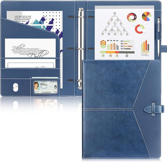 Toplive Padfolio 3 Ring Binder Organizer Business Portfolio Folder for Women, A4/ Letter Size PU Leather Portfolio Padfolio for Interview Conference Presentation, Blue