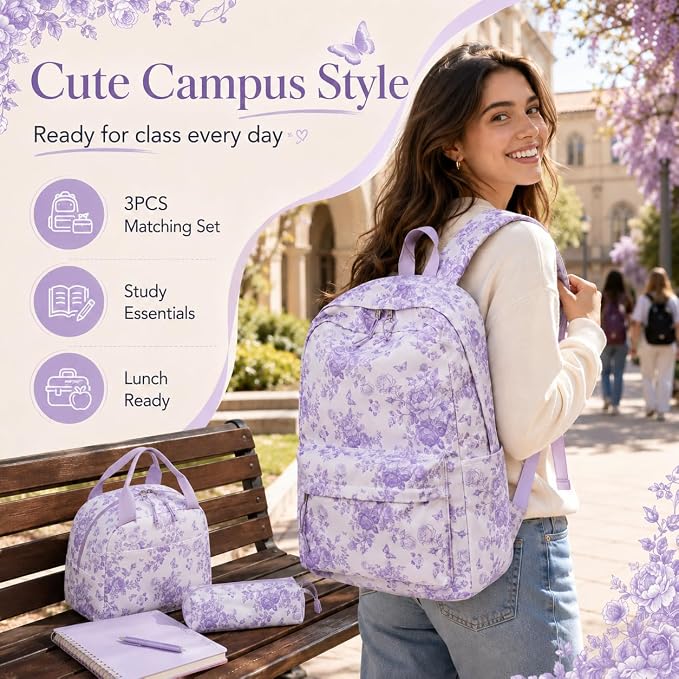 Bluboon Teens Backpack Set Girls School Backpack Lunch Box Pencil Bags Student Bookbags 3 in 1 (Purple Floral 277)