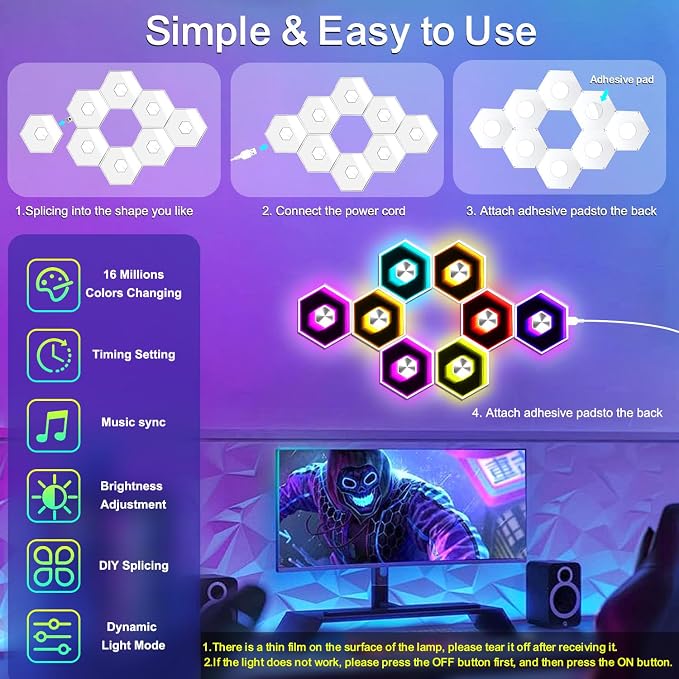 Hexagon LED Lights - 8 Pack Smart APP RGB Gaming LED Light with Remote Control & Music Sync Honeycomb Shape Hexagon Wall Lights for Bedroom, Living Room Wall, Gaming Decor