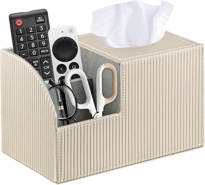 Square Tissue Box Cover with Storage, PU Leather Facial Cube Tissue Holder | TV Remote Control Holder, Desk Accessories Nightstand Organizer, Modern Table Caddy for Bathroom, Bedroom, Home, Office Decor