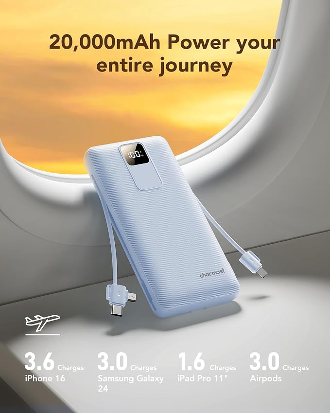 charmast Portable Charger with Built-in Wall Plug and Cables, 20000mAh Power Bank Travel Essentials, 20W Fast Charging Battery Pack Compatible with iPhone 17/16/15/14/13/12/11, Samsung, Android