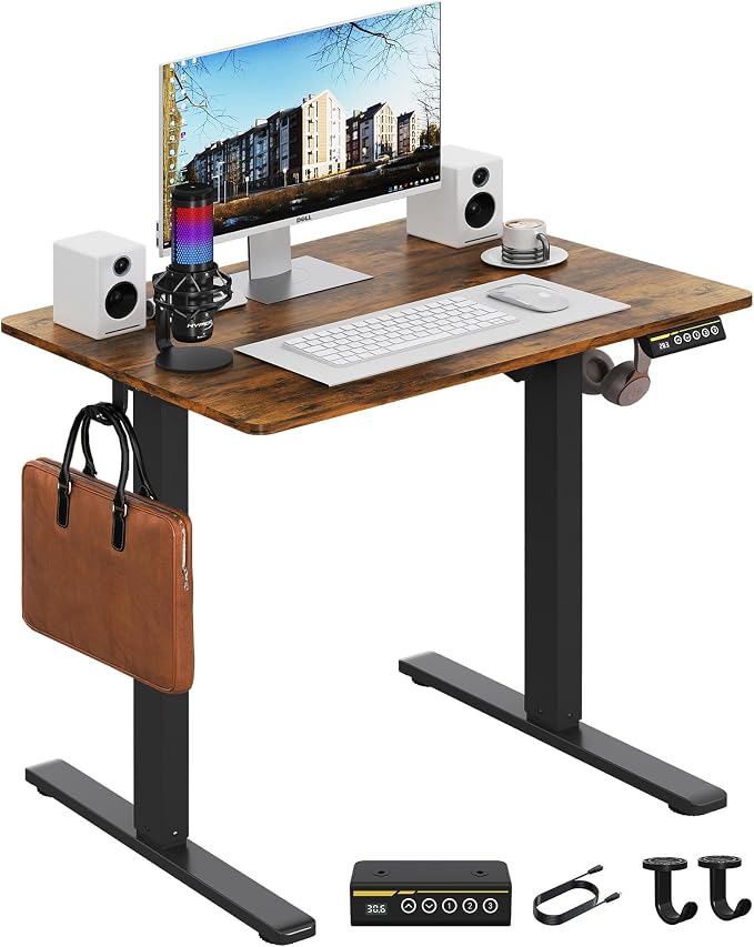 32 x 24 Inch Height Adjustable Standing Desk, 3 Presets, Brown | 32 x 24 in Desktop, 28.3–46.5 in Height, 2+3 Controls, ≤45 dB, 154 lb Capacity, 2 Hooks