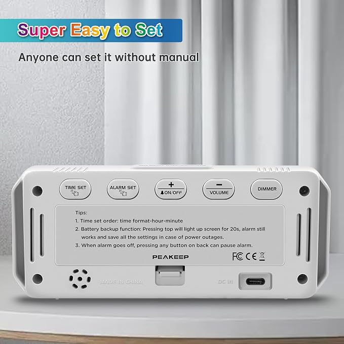 Peakeep Small Cute Digital Alarm Clock Plug in for Kids Bedroom Bedside | 8 Colorful Colors Large Display, Dimmable 6 Brightness, Corded Electric Battery Backup (White - RGB)
