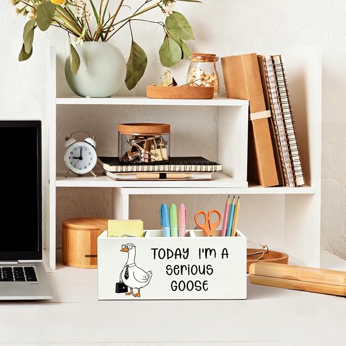Funny Goose Pen Pencil Holder for Desk, Office Humor Gifts for Coworkers, Today I'm a Serious Goose Wooden Box Sign Organizer for Office Workplace Desk Accessories Tabletop Decorations
