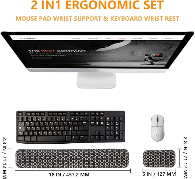 Ergonomic Keyboard and Mouse Wrist Rest Set, Silicone Honeycomb Design, 17.7 x 2.8 x 1 Inches, Non-Deformable Support for Office Gaming Typing (Grey)
