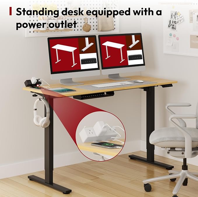 SANODESK Electric Standing Desk with Desk Clamp Power Strip 55"x 28" Whole-Piece Desktop Height Adjustable Stand Up Desk with Cable Management Sit Stand Home Office Desk Black Frame/Mahogany Top