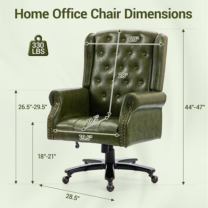 Vintage High Back Wingback Executive Office Chair, Green | Home Desk Chairs with Tufted Nailhead Trim & PU Faux Leather, Heavy Duty Adjustable Rocking Computer Chair for Gaming