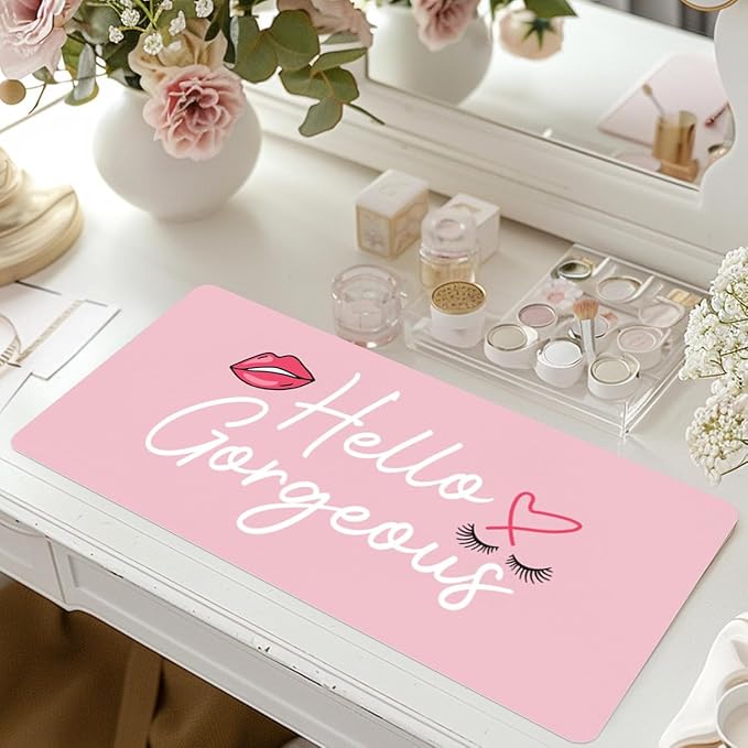 Makeup Mat for Vanity Top Protector, Dual-Sided Vanity Mat Waterproof Dressing Desk Makeup Table Cover Pad Hello Gorgeous (Baby Pink/Silver, 23.6"x11.8")