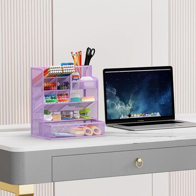 Mesh Pen Organizer for Desk, 13 Compartments with Drawer， Purple | Metal mesh pencil holder and desk organizer with tilted slots for easy access to stationery at home, school or office