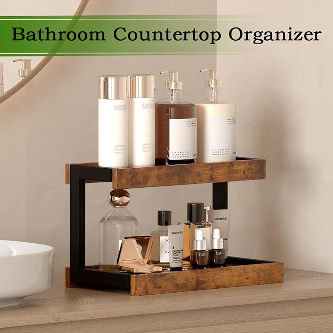 MARTY Counter Shelf Organizer, 2 Tier Spice Rack for Countertop, Brown | Coffee Bar/Station/Syrup Organizer for Countertop, 15.75''Lx8.9"W Large Desk Shelf Riser, for Kitchen Bathroom Bedroom Office