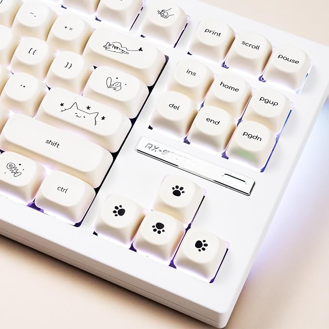 MOA Profile Cute Cat Keycaps, 124keys PBT Keycaps Set, Minimalist White Keyboard Caps, Custom Dye Sublimation Key Caps for 61/64/68/84/87/100/104/108 Cherry MX Mechanical Keyboards(124 Keys)