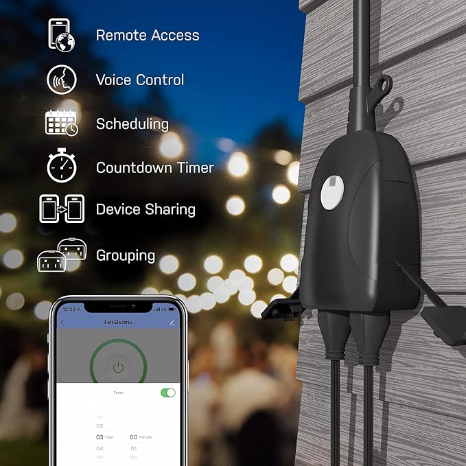 Feit Electric Smart Dual Outdoor Plug, WiFi Waterproof Plug, Grounded Sockets, Compatible with Alexa and Google Assistant, App Controlled, 15Amp Indoor/Outdoor 2 Outlet WiFi/WP (2 Pack)