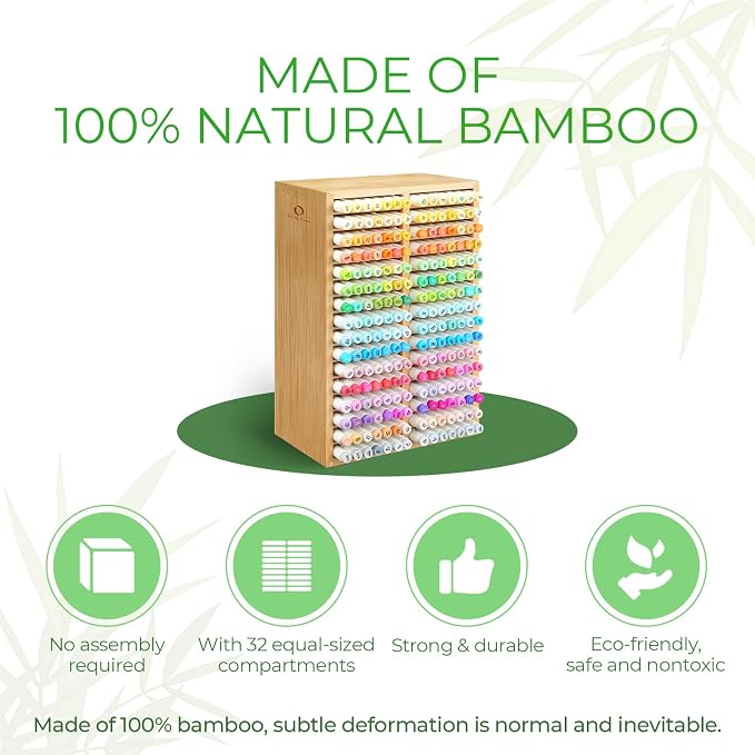 Ohuhu Bamboo Marker Organizer, Desktop Storage Hold 224 Markers for Honolulu Oahu Series of Ohuhu Markers, Pens Pencils Stationary Organizer Holder with 32 Compartments for Classroom Office Decor
